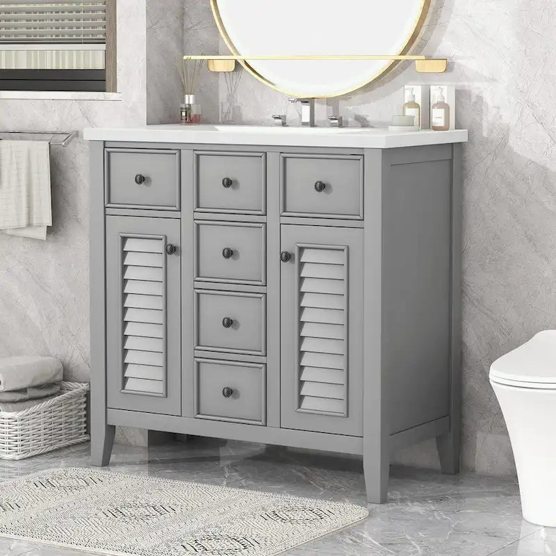 Meuble-lavabo avec vasque en céramique, deux placards et cinq tiroirs