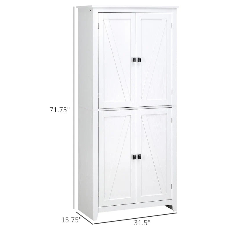 HOMCOM Grand garde-manger de cuisine autoportant de 183 cm, organisateur de rangement à 4 portes avec 4 niveaux et étagères réglables, blanc