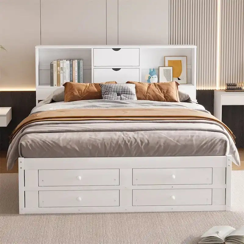 Lit plateforme King Size avec tête de lit de rangement et 8 tiroirs