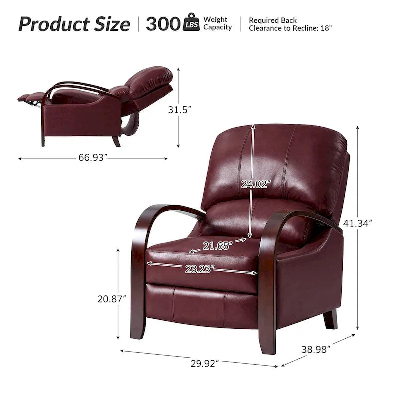 Fauteuil inclinable manuel Alex Mid-century Modern Cigar en cuir véritable avec accoudoirs incurvés en bois