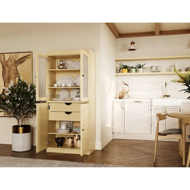 Meuble de rangement en bois massif avec portes en verre dépoli, portes pleines, 2 tiroirs et étagères réglables