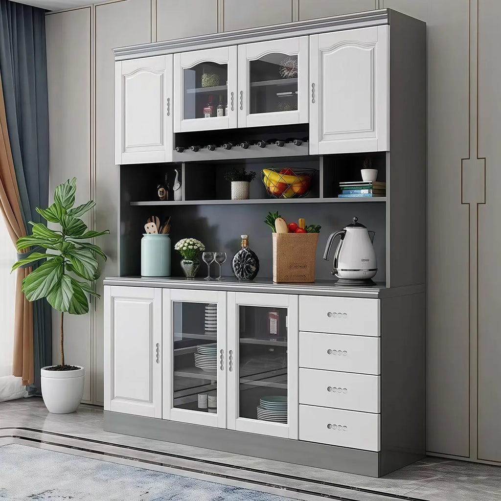 Buffet de cuisine en bois blanc avec casier à vin intégré