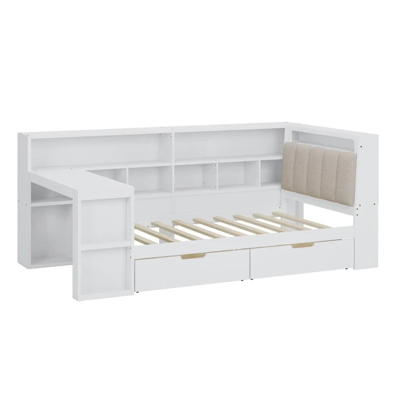 Canapé-lit d'angle en bois en forme de L avec bureau, bibliothèque, lit d'angle avec tiroirs de rangement, tête de lit rembourrée et éclairage intégré