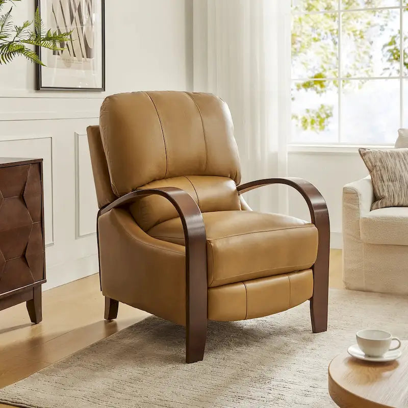 Fauteuil inclinable manuel Alex Mid-century Modern Cigar en cuir véritable avec accoudoirs incurvés en bois