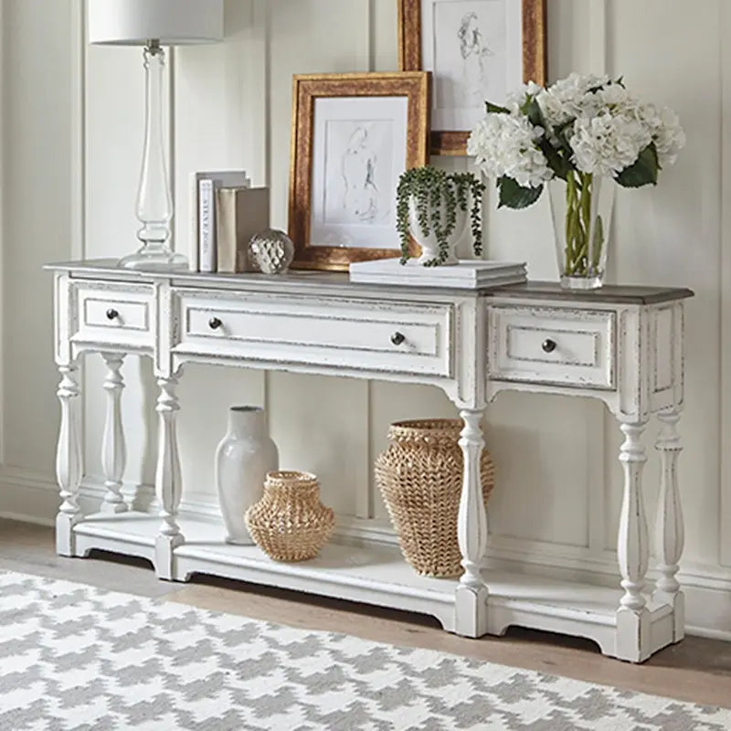 Console de hall 72 po blanc antique et écorce vieillie