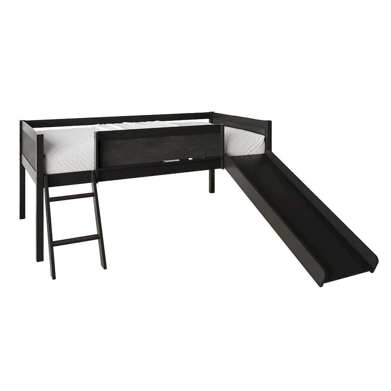 Lit mezzanine bas classique double CraftPorch avec tableau noir, toboggan et échelle