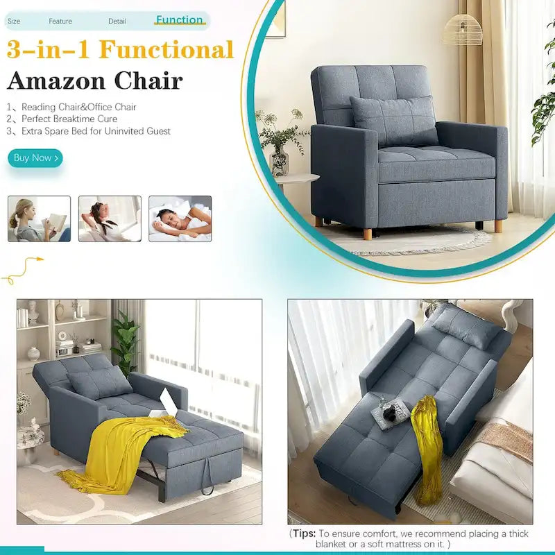 AECOJOY Fauteuil Convertible 3-en-1 avec Oreiller et Dossier Réglable