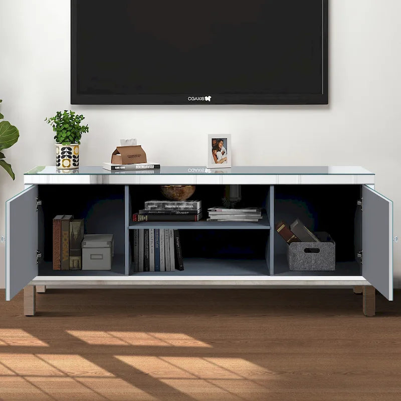 Meuble TV de 150 cm avec portes miroir en losange et rangement pour téléviseurs jusqu'à 65 pouces