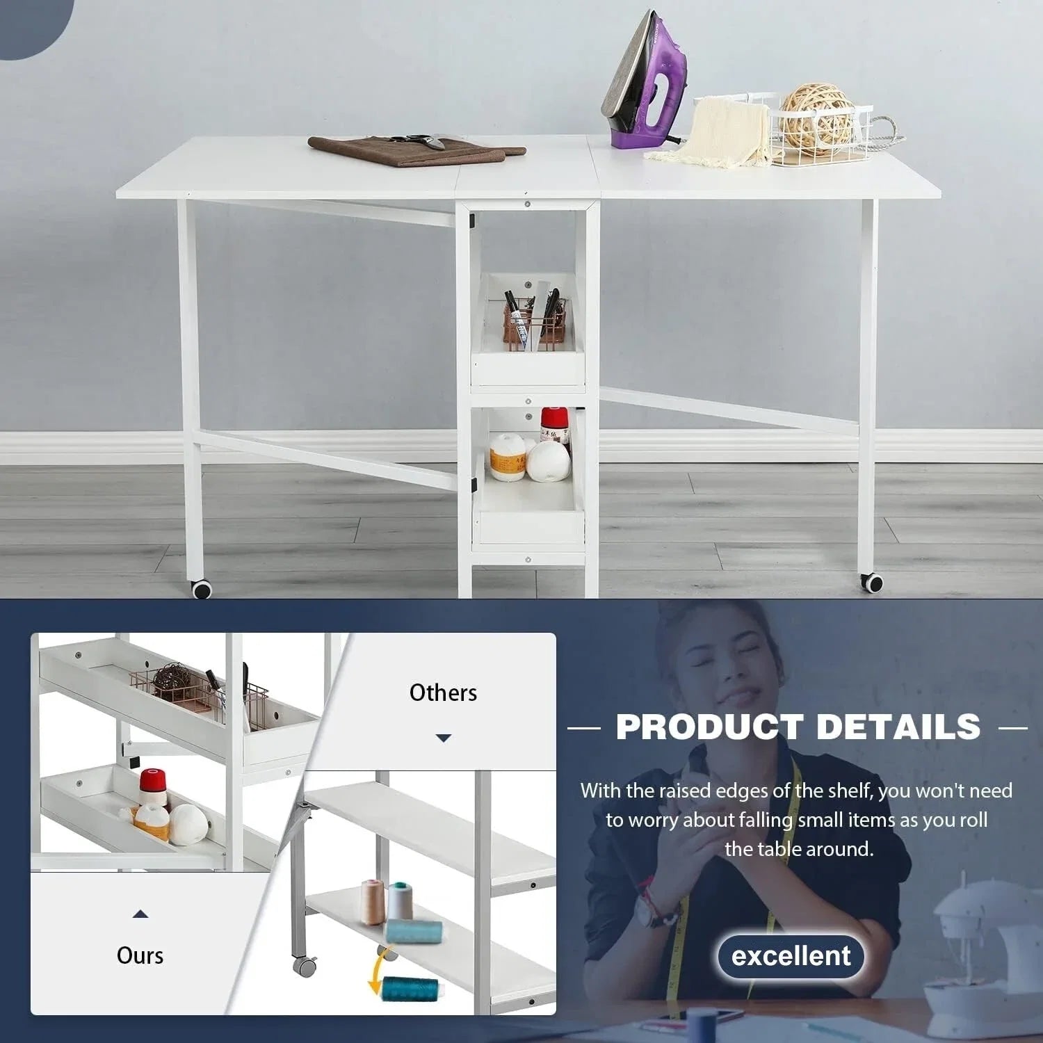 Table artisanale réglable en hauteur avec étagères de rangement, table de coupe pliante mobile pour bureau à domicile, salle de couture, salle d'artisanat