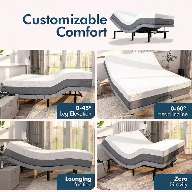 Cadre de lit réglable avec matelas en mousse à mémoire de forme au gel, massage double, ports USB, application, télécommande