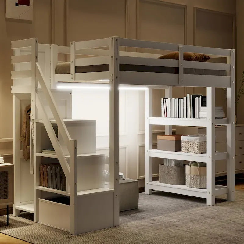Lit mezzanine simple/double avec escalier de rangement - Étagères, armoire et lumière LED, design peu encombrant