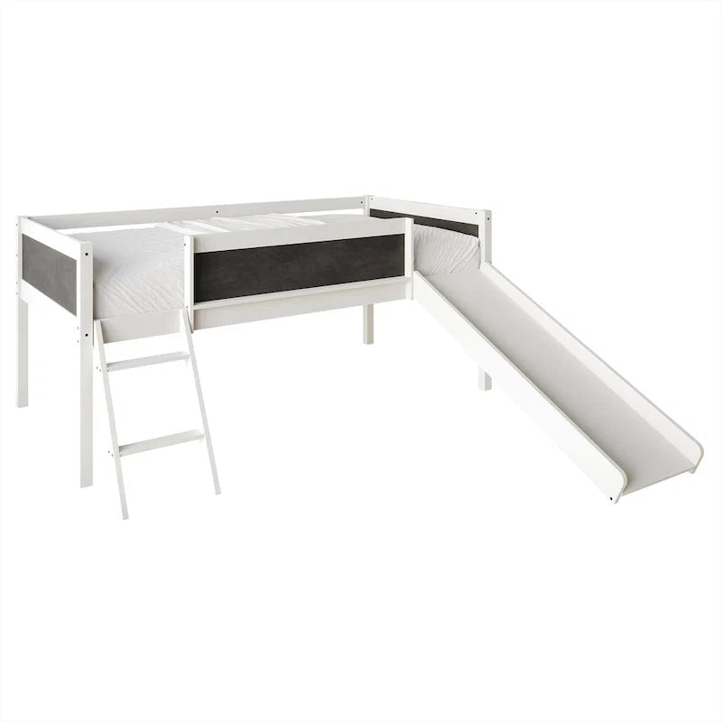 Lit mezzanine bas classique double CraftPorch avec tableau noir, toboggan et échelle