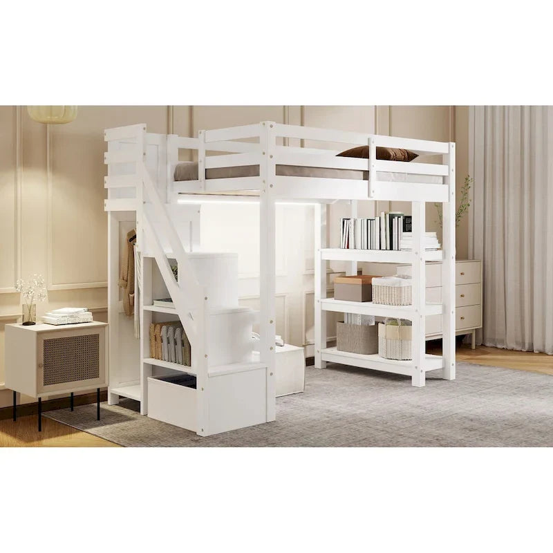 Lit mezzanine simple/double avec escalier de rangement - Étagères, armoire et lumière LED, design peu encombrant