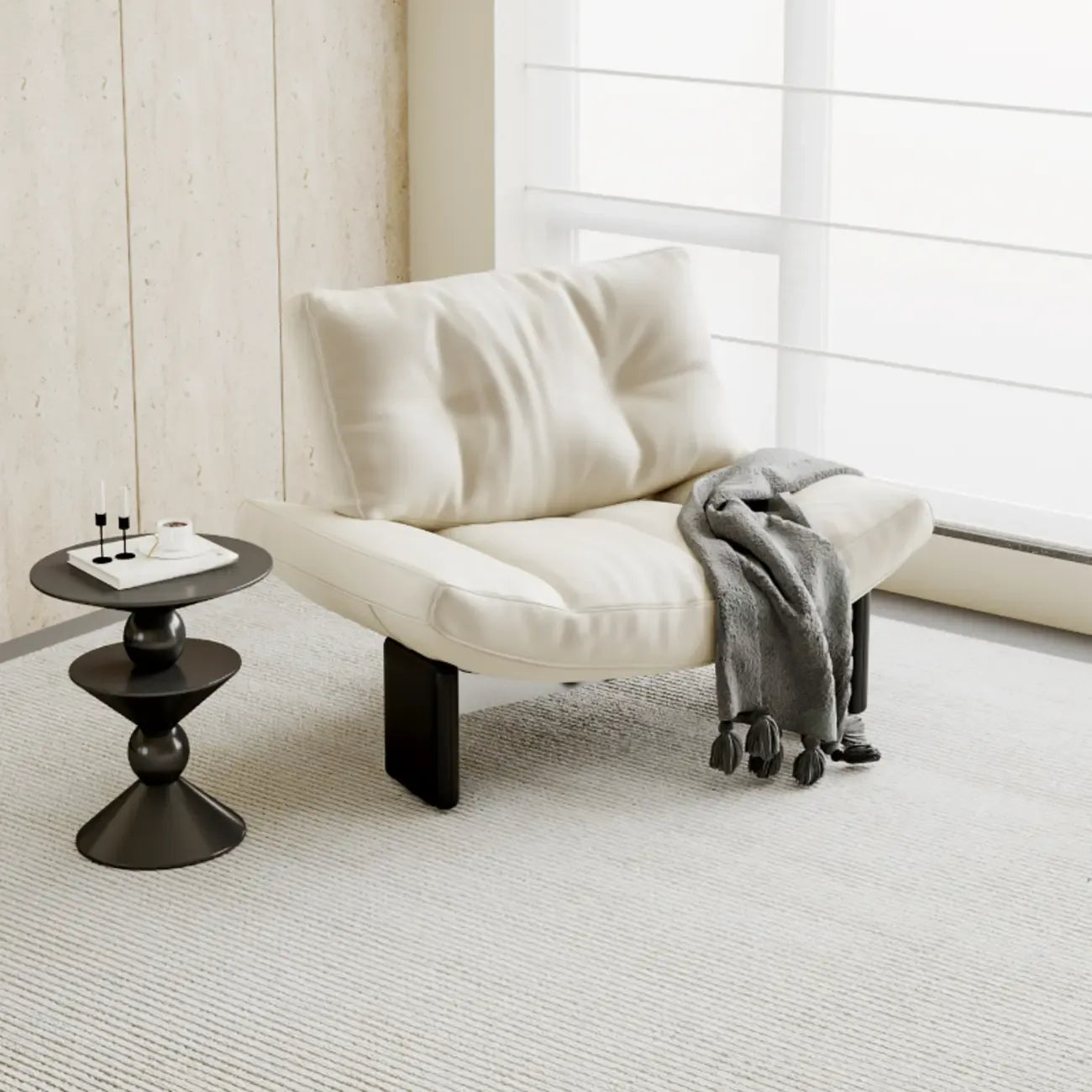 Fauteuil d'appoint contemporain en chenille noire capitonnée sans accoudoirs