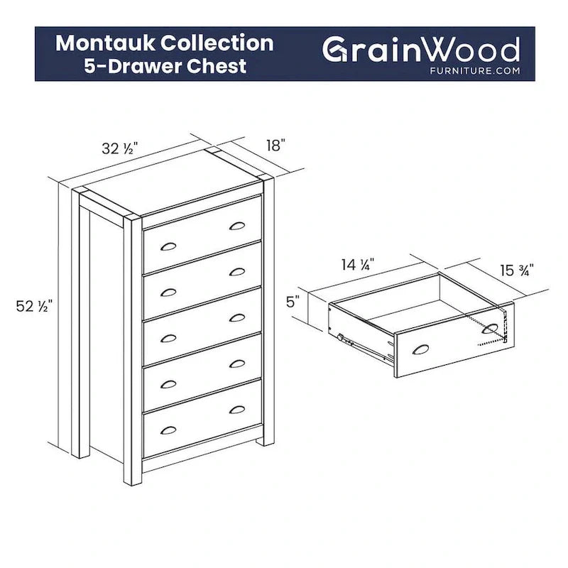 Commode 5 tiroirs en bois massif Montauk Grain Wood Furniture