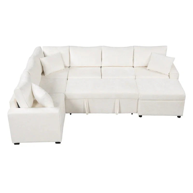 Canapé d'angle en chenille convertible, canapé-lit en forme de L avec pouf de rangement, 3 oreillers et dispositifs de charge