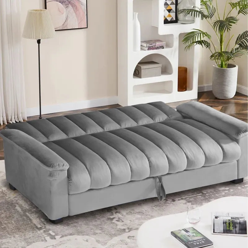 Canapé-lit convertible en velours de 82,7 po avec 2 oreillers