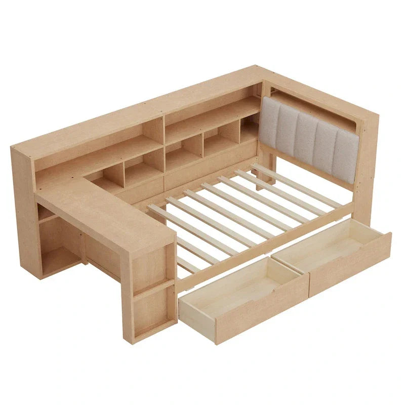 Canapé-lit d'angle en bois en forme de L avec bureau, bibliothèque, lit d'angle avec tiroirs de rangement, tête de lit rembourrée et éclairage intégré