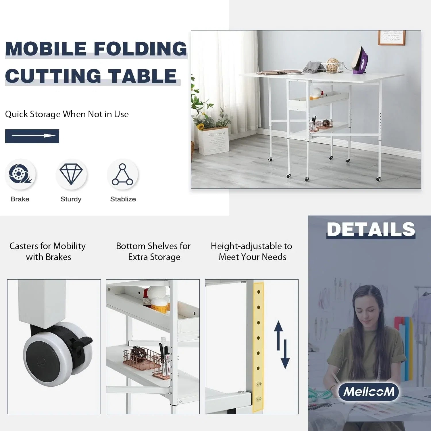 Table artisanale réglable en hauteur avec étagères de rangement, table de coupe pliante mobile pour bureau à domicile, salle de couture, salle d'artisanat