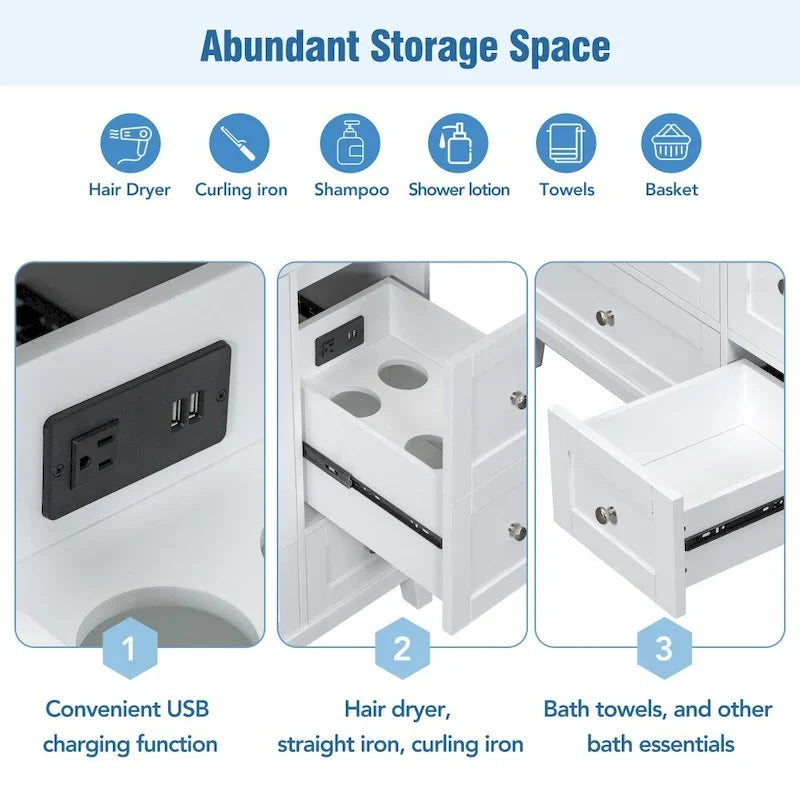 Meuble-lavabo de 36 pouces avec chargement USB, évier en résine, cadre en bois massif, 3 tiroirs de rangement