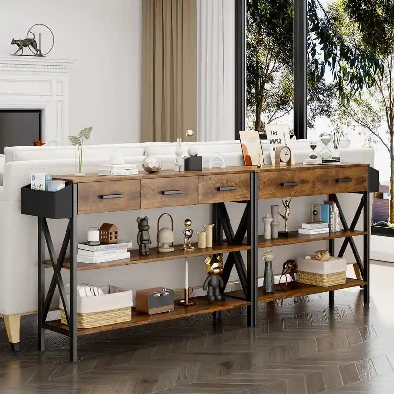 Console avec 3 tiroirs, table de canapé d'entrée avec 3 étagères de rangement