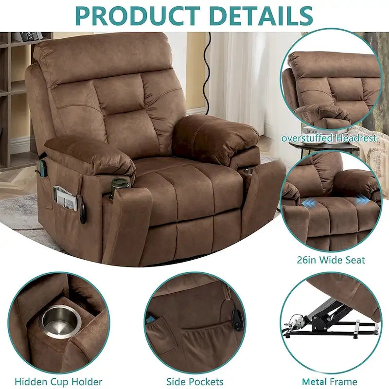 Grand fauteuil inclinable de massage électrique avec fonction de levage, chauffage et porte-gobelet dissimulé