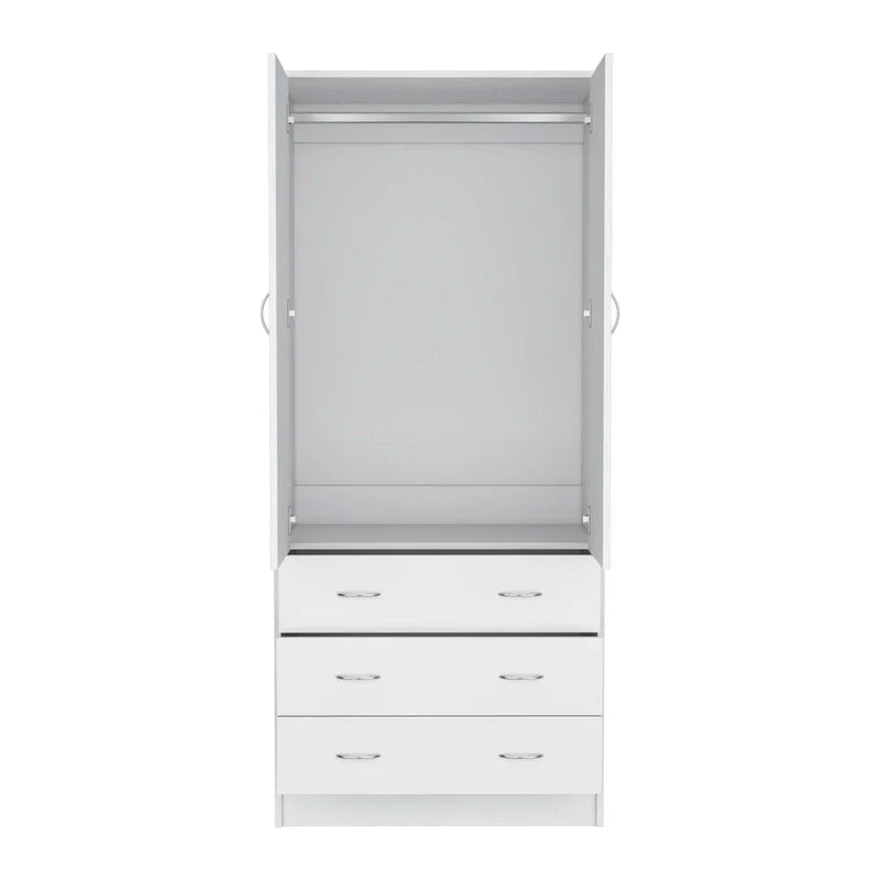 19 Armoire moderne à deux portes avec 3 tiroirs et 1 tringle de penderie pour chambre à coucher