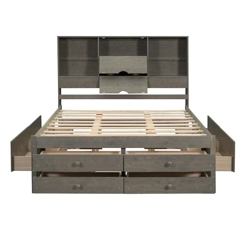 Lit plateforme King Size avec tête de lit de rangement et 8 tiroirs