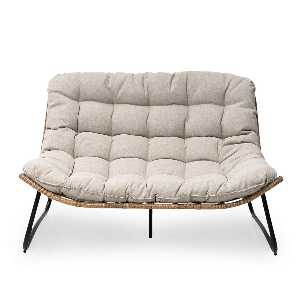 Causeuse double Papasan avec coussin, rotin PE tout temps et cadre en métal pour l'intérieur et l'extérieur