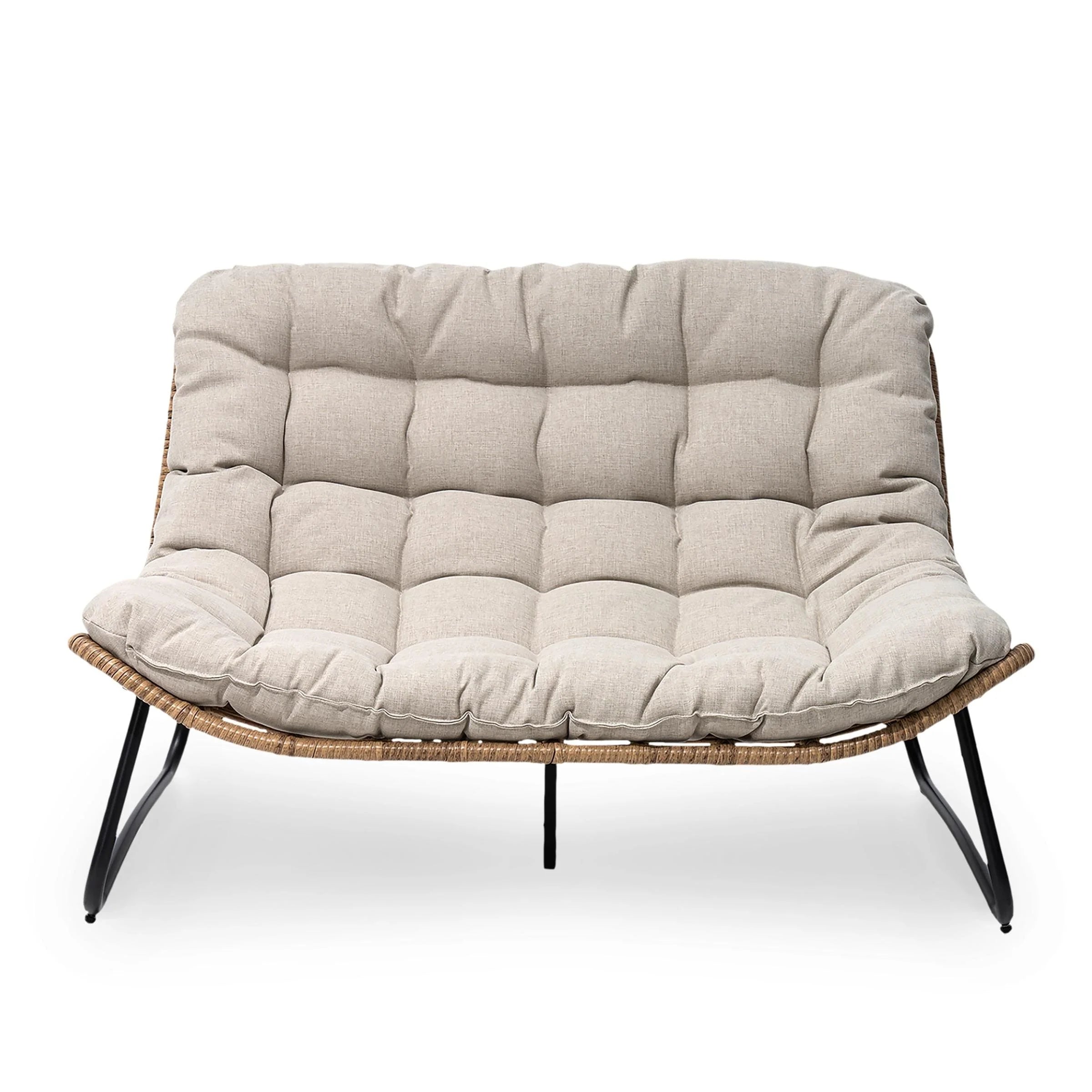 Causeuse double Papasan avec coussin, rotin PE tout temps et cadre en métal pour l'intérieur et l'extérieur