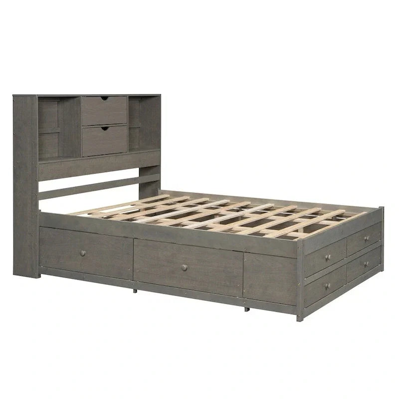Lit plateforme King Size avec tête de lit de rangement et 8 tiroirs