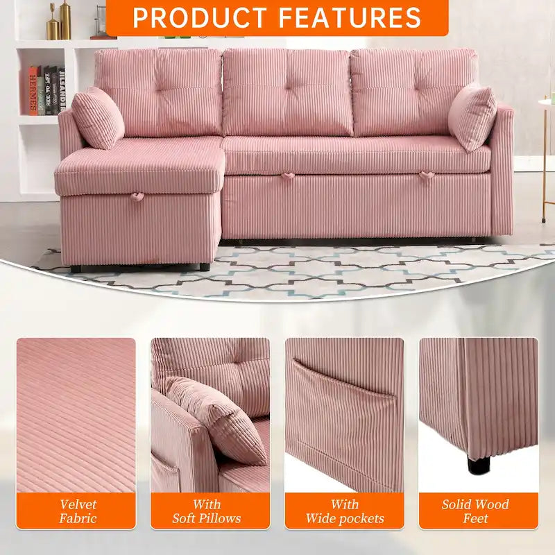 Canapé d'angle réversible en velours côtelé/chenille avec chaise longue de rangement et poche latérale