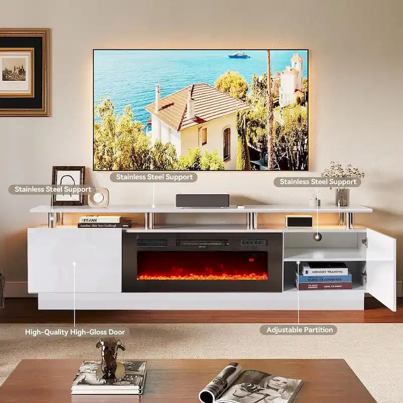 Meuble TV 2 niveaux de 80 po pour téléviseurs jusqu'à 90 po, avec foyer électrique de 36 po