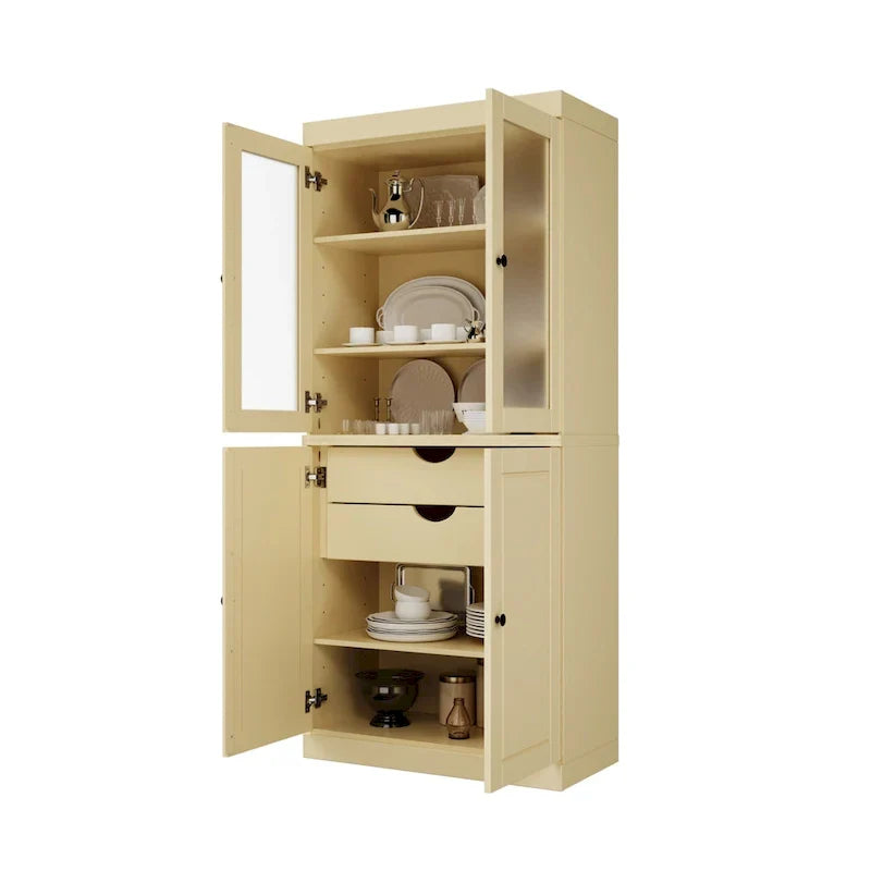 Meuble de rangement en bois massif avec portes en verre dépoli, portes pleines, 2 tiroirs et étagères réglables