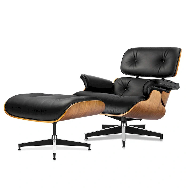 Fauteuil inclinable et ottoman Furgle en cuir véritable et bois de noyer