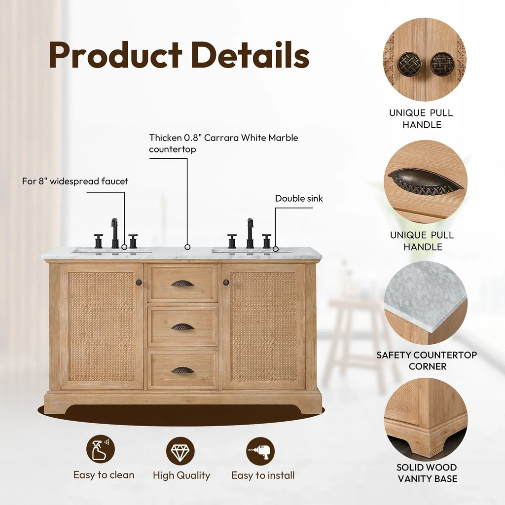 Meuble sous-vasque Hervas avec plateau en marbre naturel, sans miroir