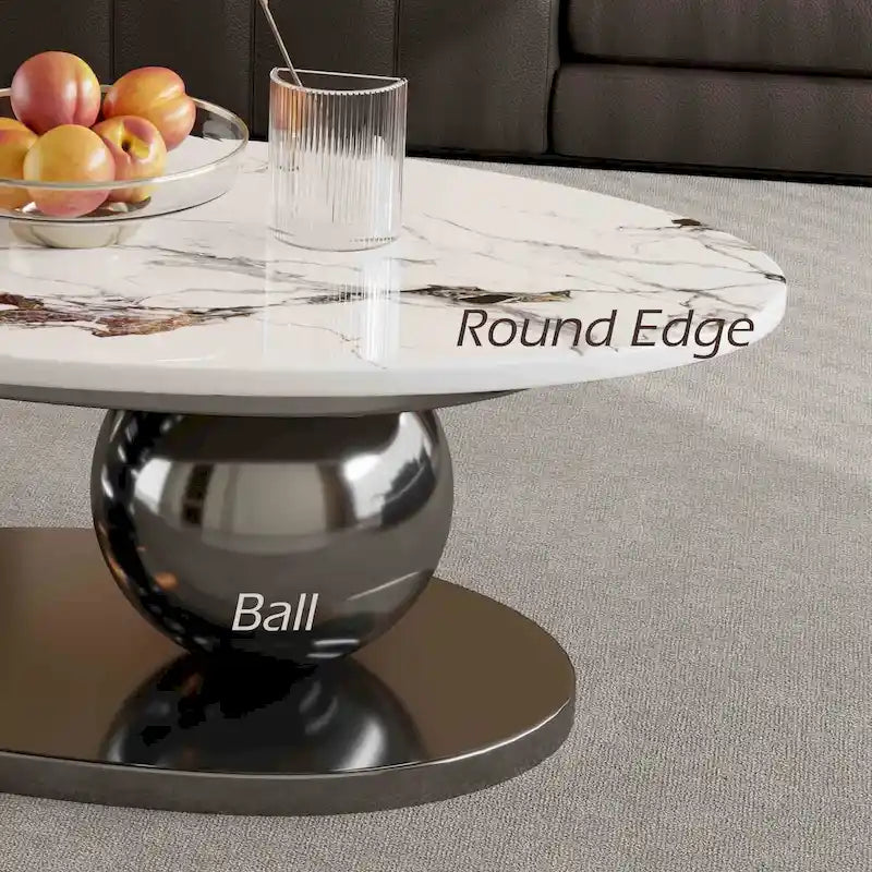 Table basse ovale moderne Pandora 51 avec plateau en pierre frittée brillante, table basse de luxe, pieds en acier inoxydable pour salon
