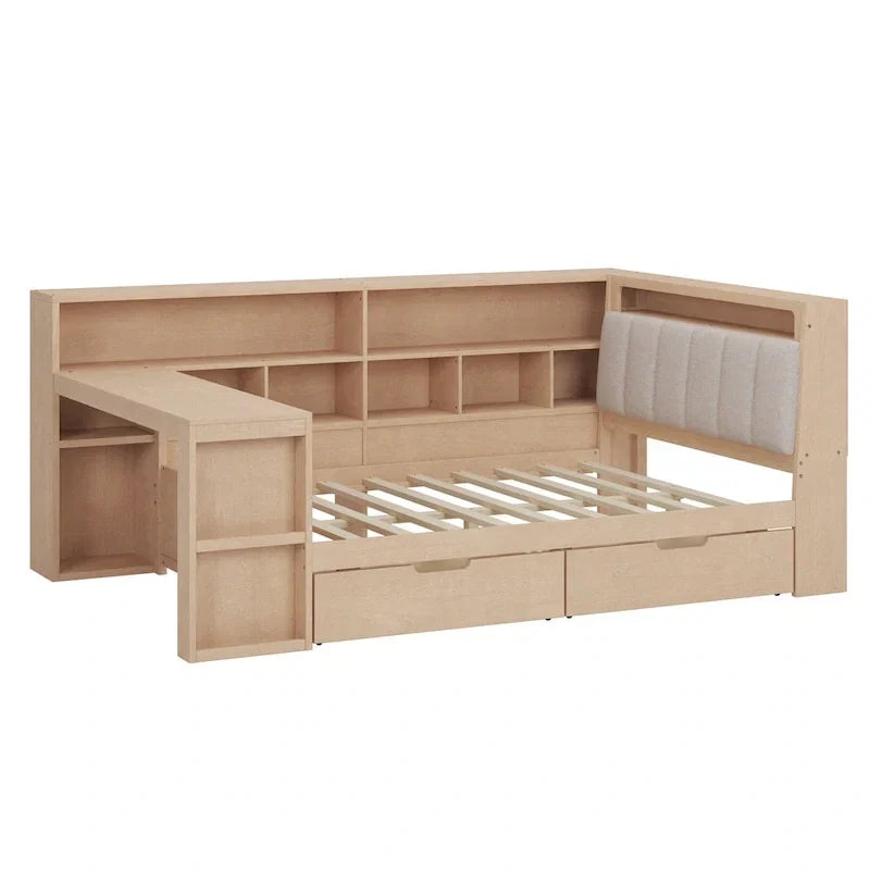 Canapé-lit d'angle en bois en forme de L avec bureau, bibliothèque, lit d'angle avec tiroirs de rangement, tête de lit rembourrée et éclairage intégré