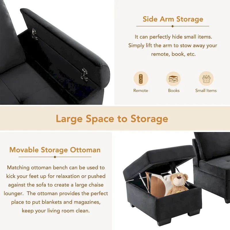Canapé d'angle convertible 5 places en L 84,75 po avec pouf de rangement, rangement de bras dissimulé et chargement USB pour salon