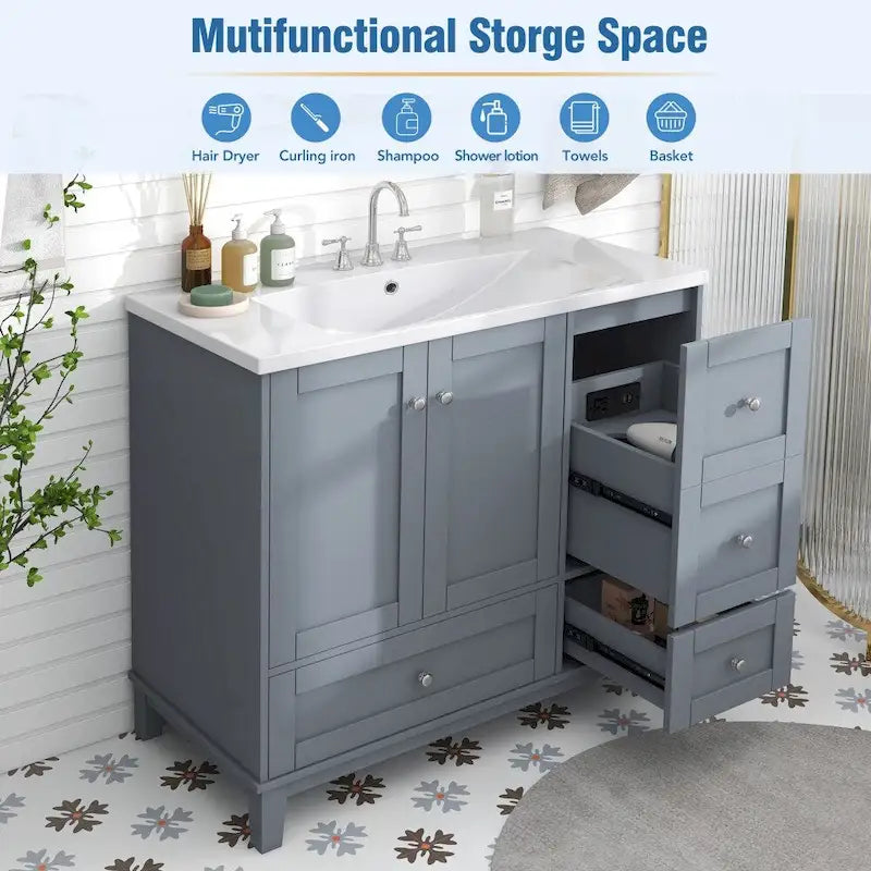 Meuble-lavabo de 36 pouces avec chargement USB, évier en résine, cadre en bois massif, 3 tiroirs de rangement