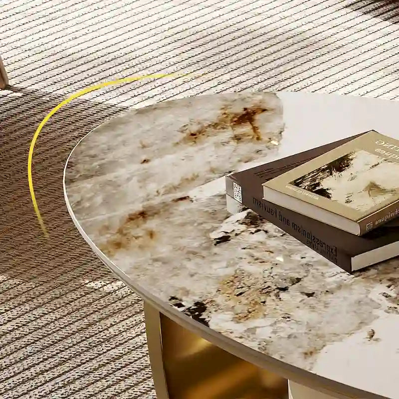 Table basse ovale moderne Pandora 51 avec plateau en pierre frittée brillante, table basse de luxe, pieds en acier inoxydable pour salon