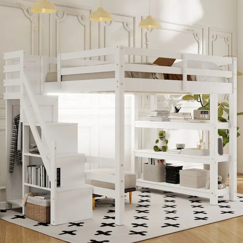 Lit mezzanine simple/double avec escalier de rangement - Étagères, armoire et lumière LED, design peu encombrant