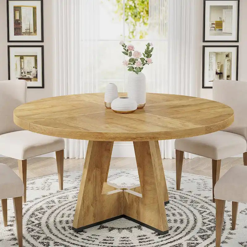 Table à manger ronde de 120 cm pour 4 personnes, table de salle à manger/cuisine/salon en bois style ferme