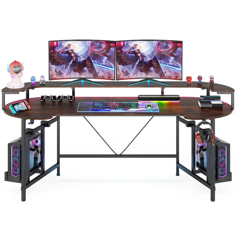 Bureau de gaming avec étagère pour moniteur, bureau d'ordinateur de 75 pouces avec bande LED