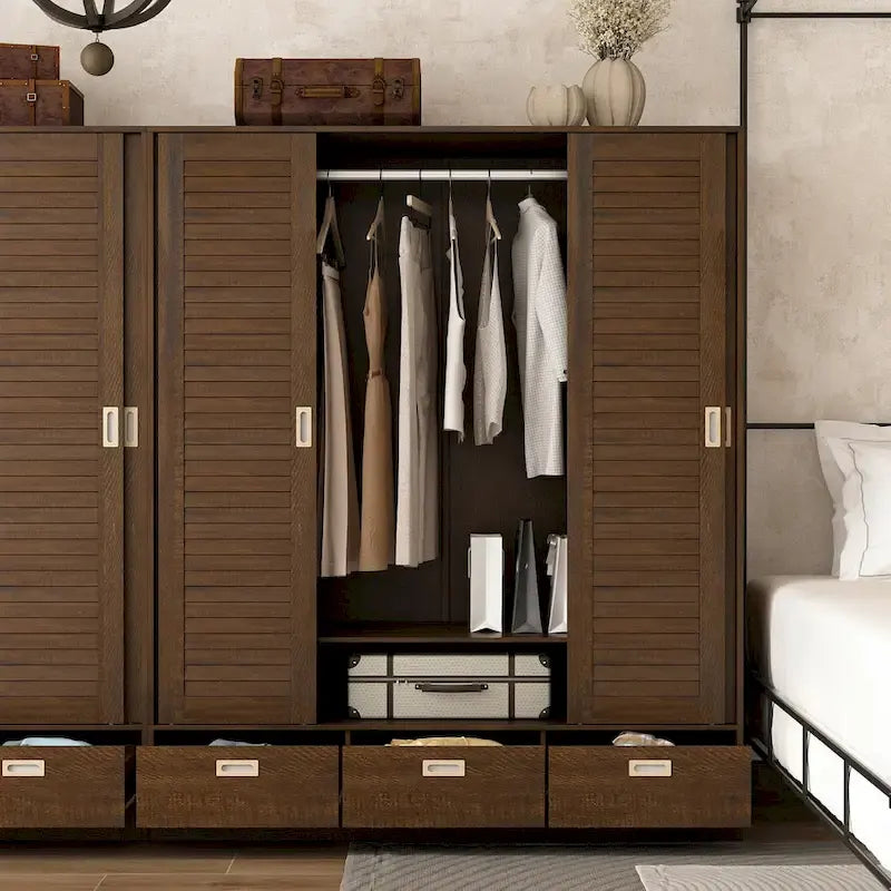 Armoire-penderie marron avec tiroirs, tringle et 4 portes coulissantes