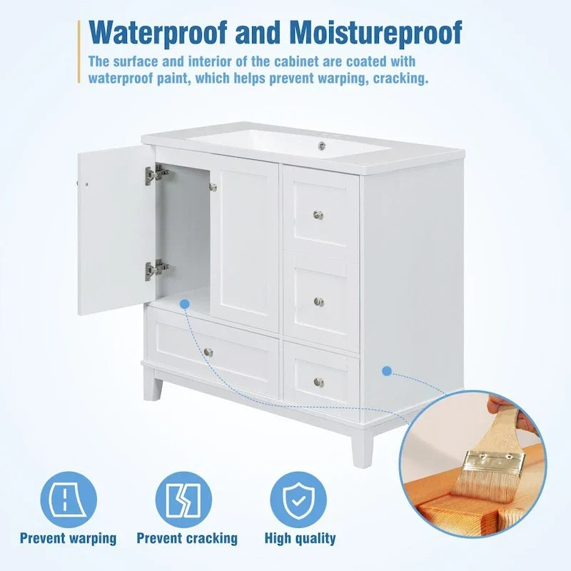 Meuble-lavabo de 36 pouces avec chargement USB, évier en résine, cadre en bois massif, 3 tiroirs de rangement