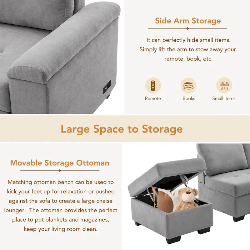 Canapé d'angle convertible 5 places en L 84,75 po avec pouf de rangement, rangement de bras dissimulé et chargement USB pour salon