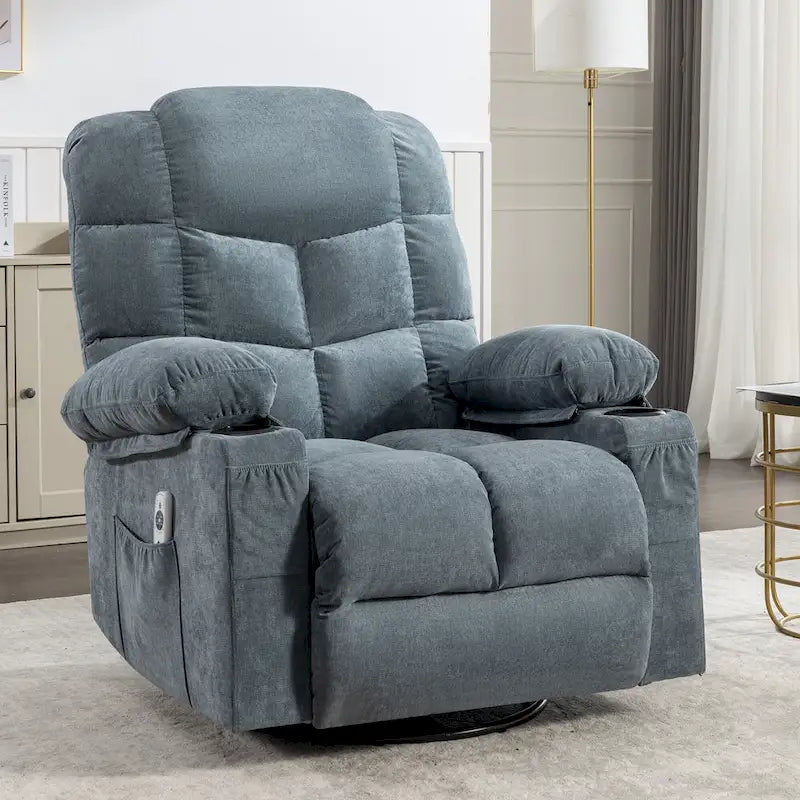 Fauteuil inclinable gris surdimensionné avec fonctions de chauffage et de massage, inclinaison à 150°, bascule à 30°, port USB pour la recharge et 2 porte-gobelets