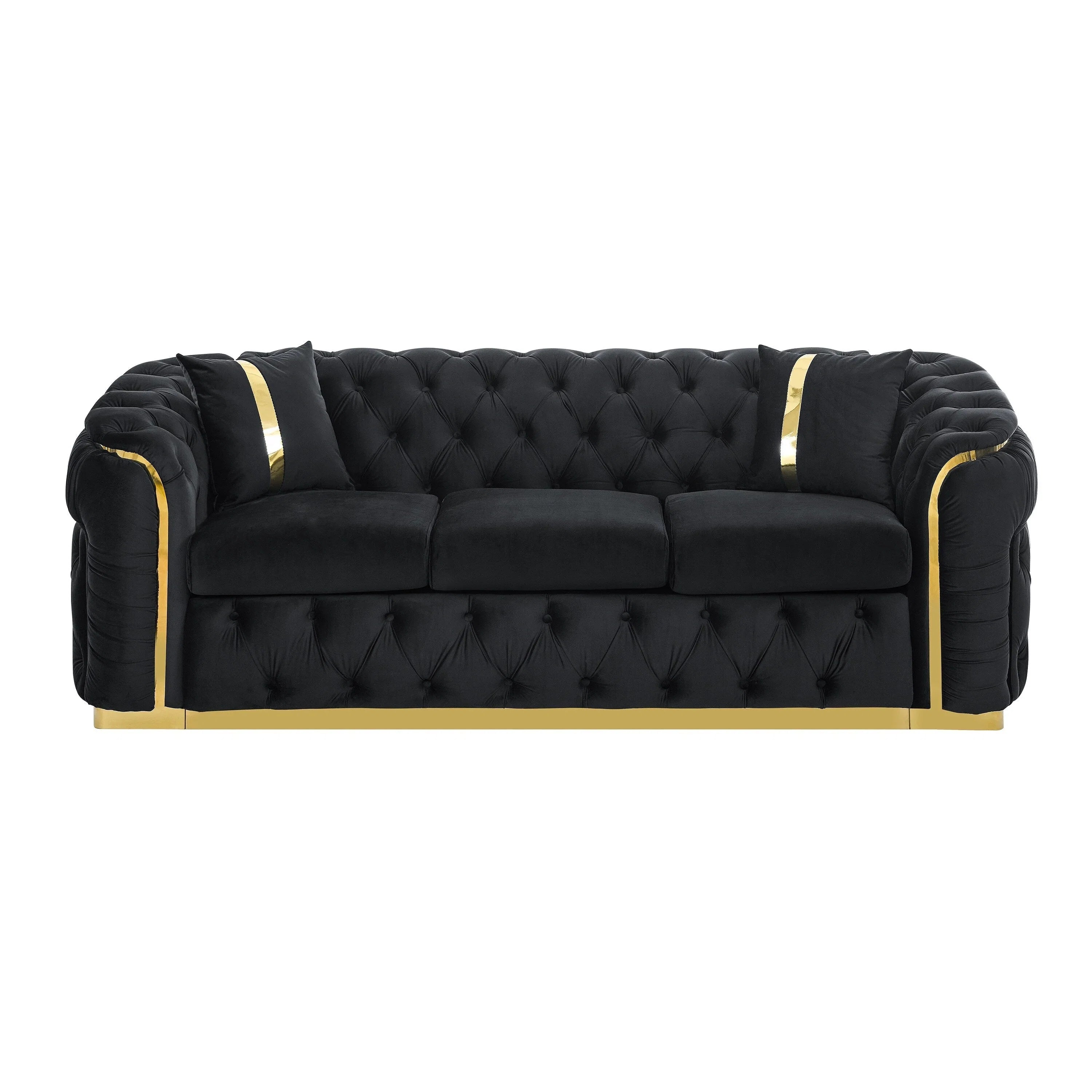 Canapé 3 places Velvet 90,6 po avec 2 oreillers, coussins haute densité, accents dorés et oreillers