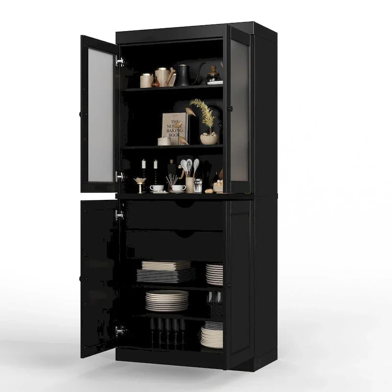Meuble de rangement en bois massif avec portes en verre dépoli, portes pleines, 2 tiroirs et étagères réglables